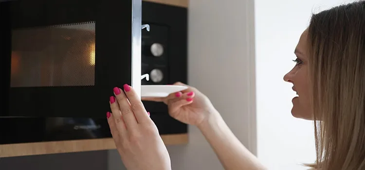 Woman is putting a plate of food in a microwave 