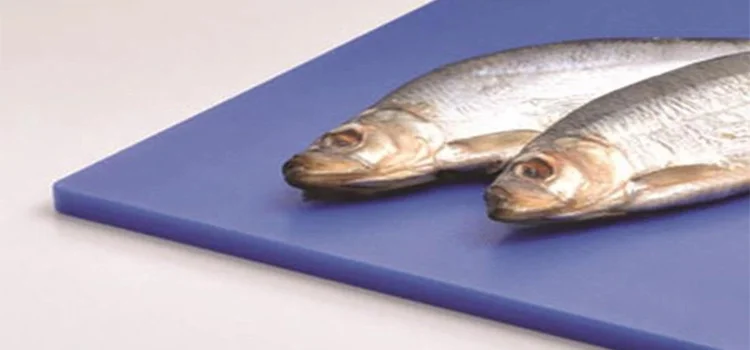 two fishes in a blue chopping board