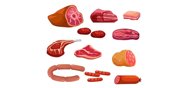 various types of raw meat and sausages