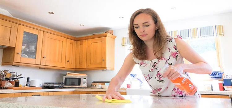 A woman cleaning her kitchen counter