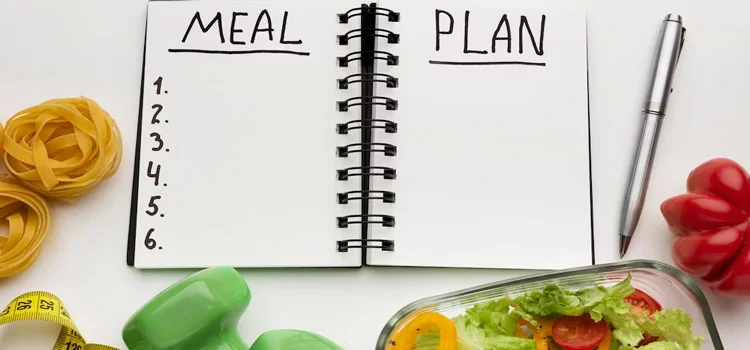 Close-up of meal planning notepad surrounded by foods.