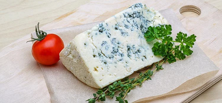 Blue cheese placed on paper sheet with cherry and rosemary side by side