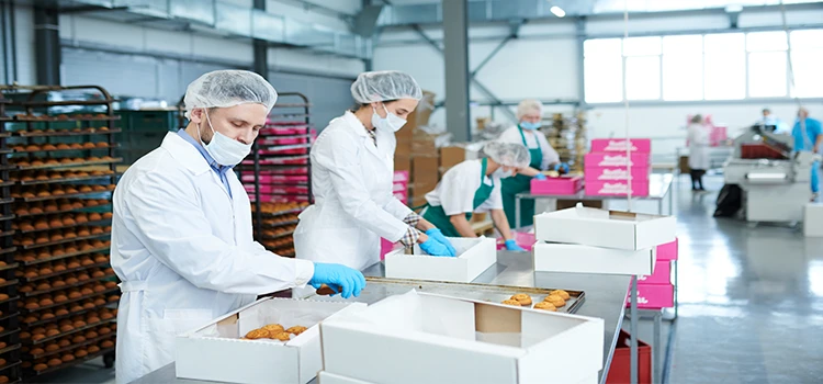 Close-up of confectionery factory employees putting pastry into boxes