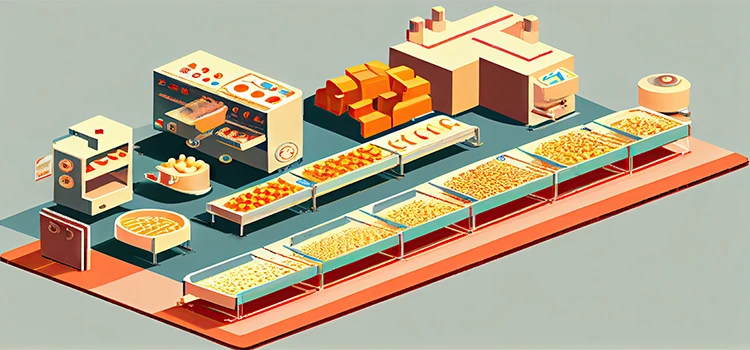 Mass production factory with conveyor belt and assembly line for food products