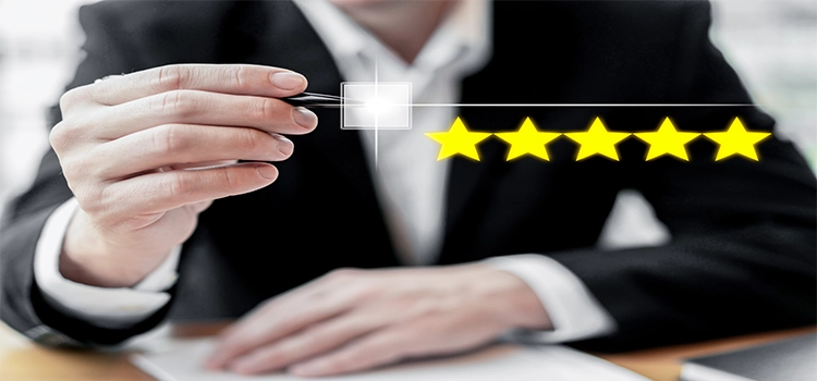 Collage of customer experience concept with 5 stars ratings 
