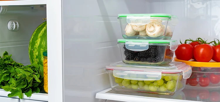 Close-up of storage containers with fresh food in a fridge.