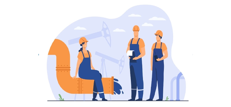 Oilmen and engineers on production line or pipe of petroleum refinery flat vector illustration