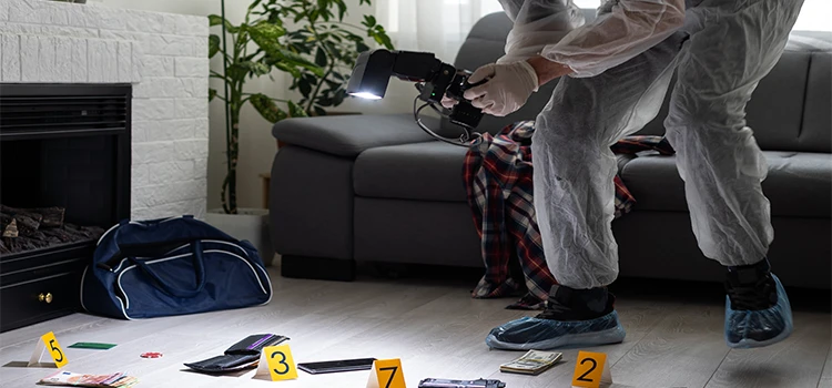 Forensics researcher photographing some items at a murder scene