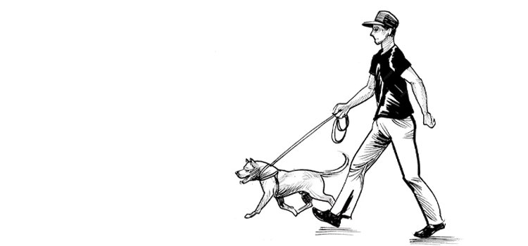 Sketch of a male dog trainer walking a dog with a hat on. 